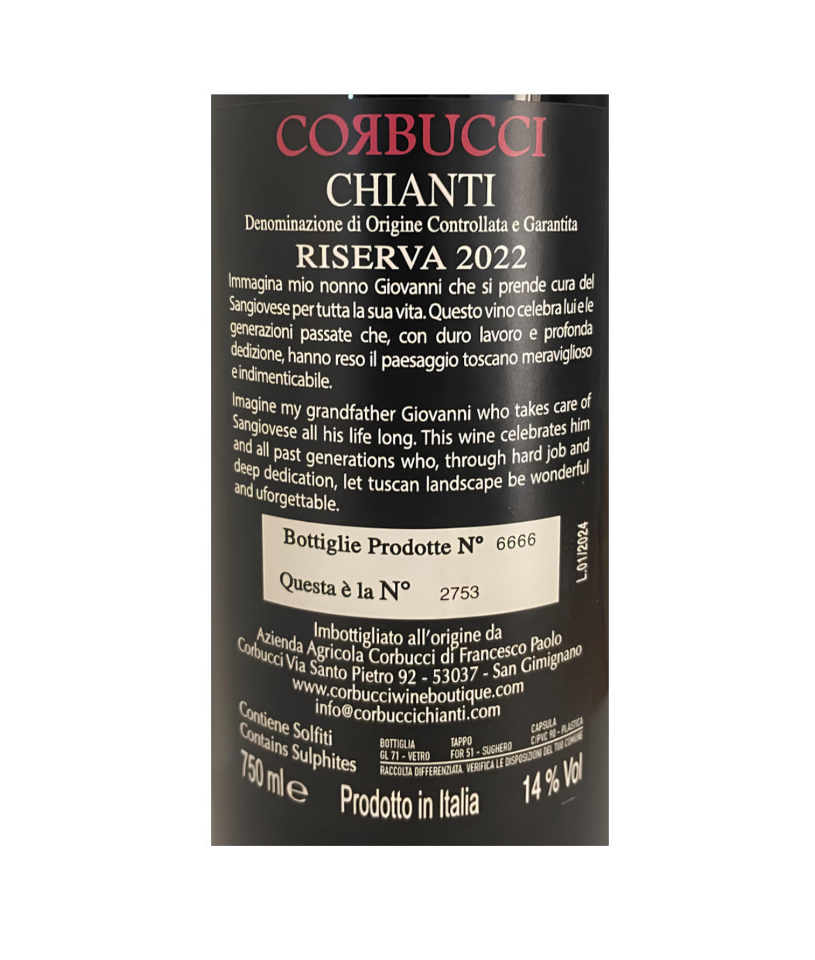 Corbucci 2022 | Chianti Riserva D.O.C.G Sangiovese