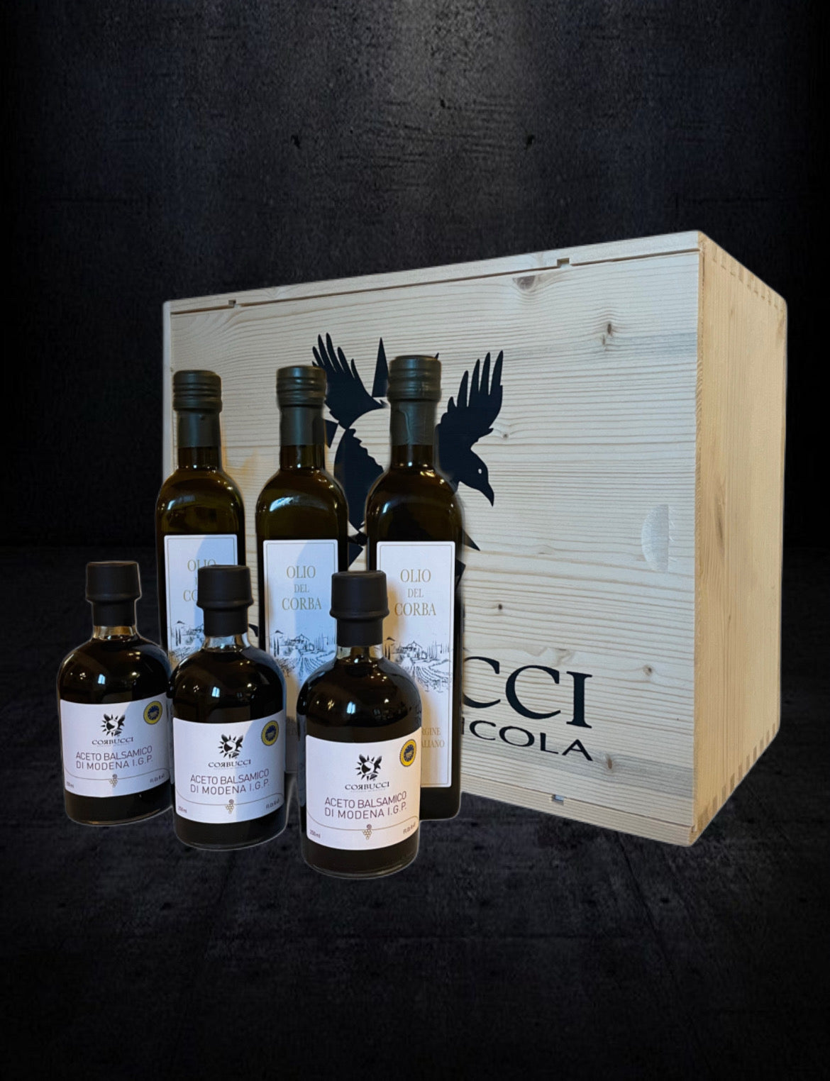 TCorbucci Selection – Prestige Wooden Custom Box (3 Olive Oils + 3 Balsamic Vinegars)