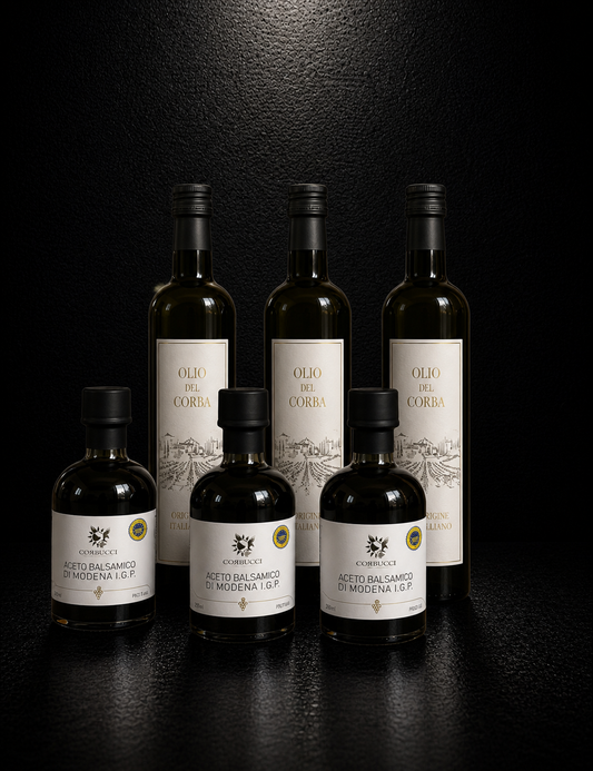 TCorbucci Selection – Prestige Wooden Custom Box (3 Olive Oils + 3 Balsamic Vinegars)